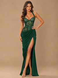 Sweetheart Halter Prom Dress Pleated Lace Floral Formal Dress with Slit