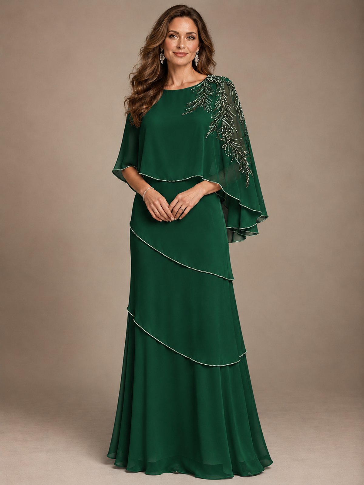 Elegant Chiffon Cape Sleeve Beaded Mother of the Bride Dress