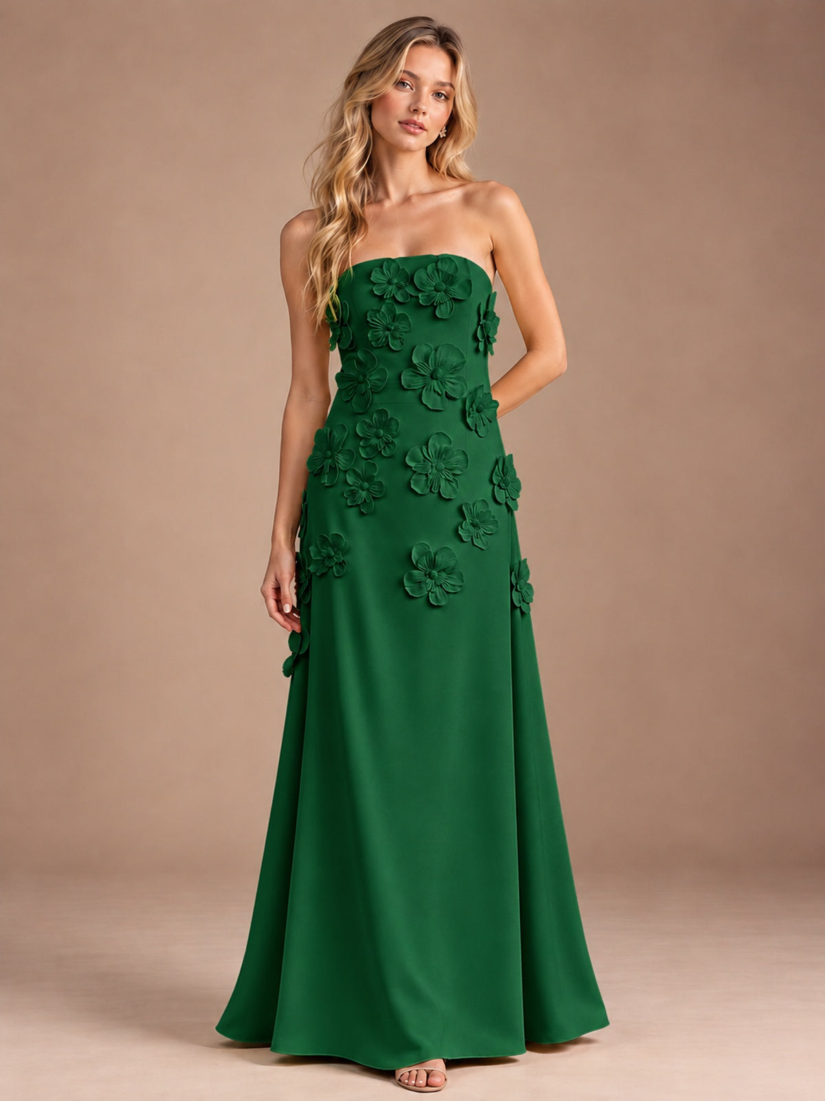 Emerald Green-Strapless 3D Floral A-line Satin Prom Maxi Dress Formal Evening Gown