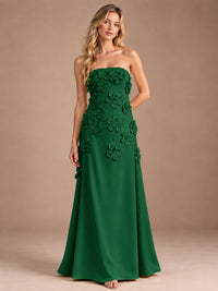 Emerald Green-Strapless 3D Floral A-line Satin Prom Maxi Dress Formal Evening Gown