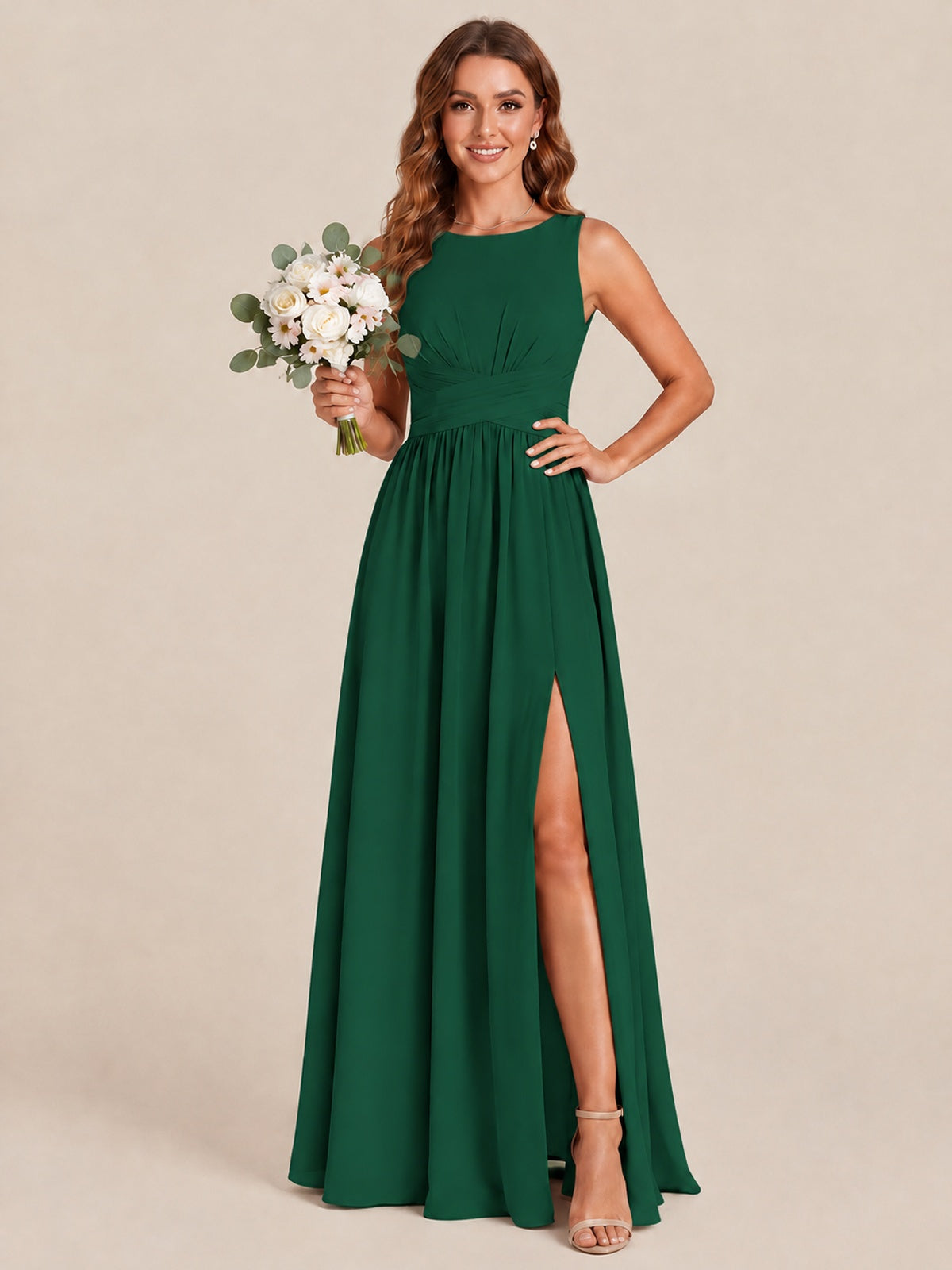A-line Sleeveless Rucehd Chiffon Bridesmaid Dress with High Slit