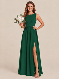 A-line Sleeveless Rucehd Chiffon Bridesmaid Dress with High Slit