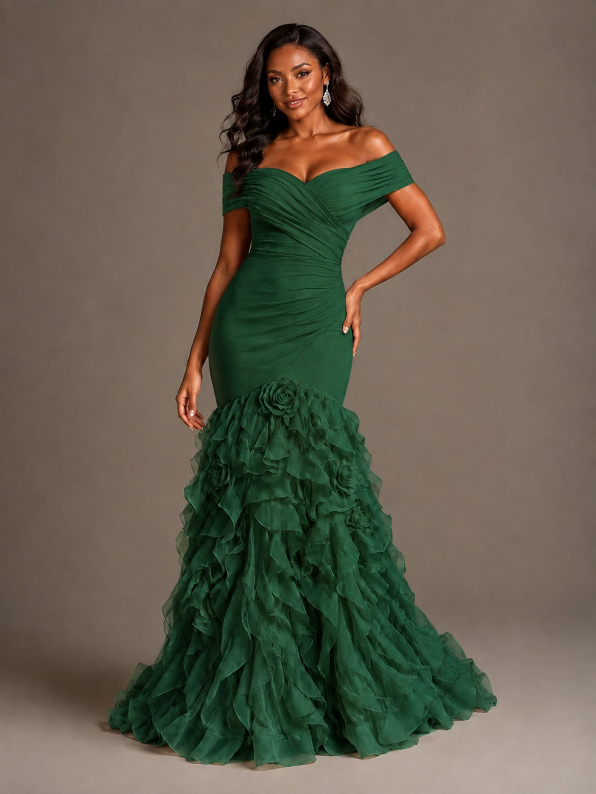 Pink Off-the-Shoulder Mermaid Prom Dress with Ruffles 3D Flowers