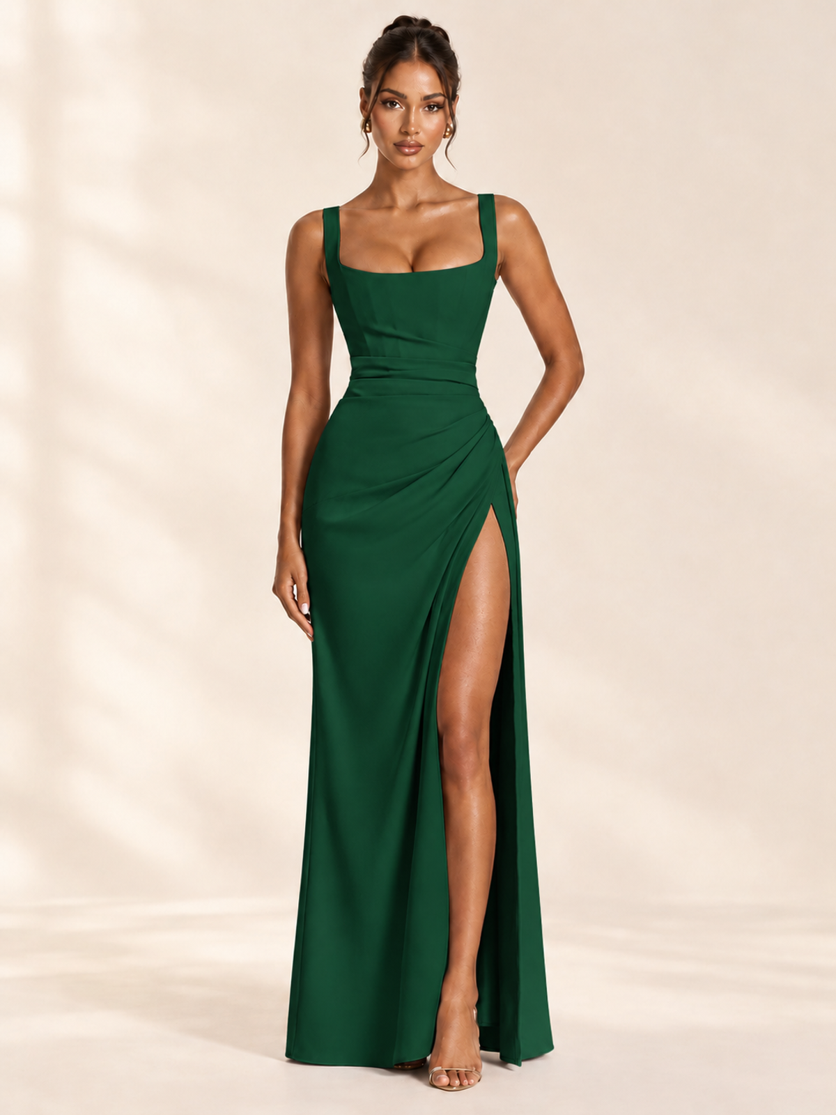 Square Neck Satin Sleeveless Ruched Prom Dress with High Slit