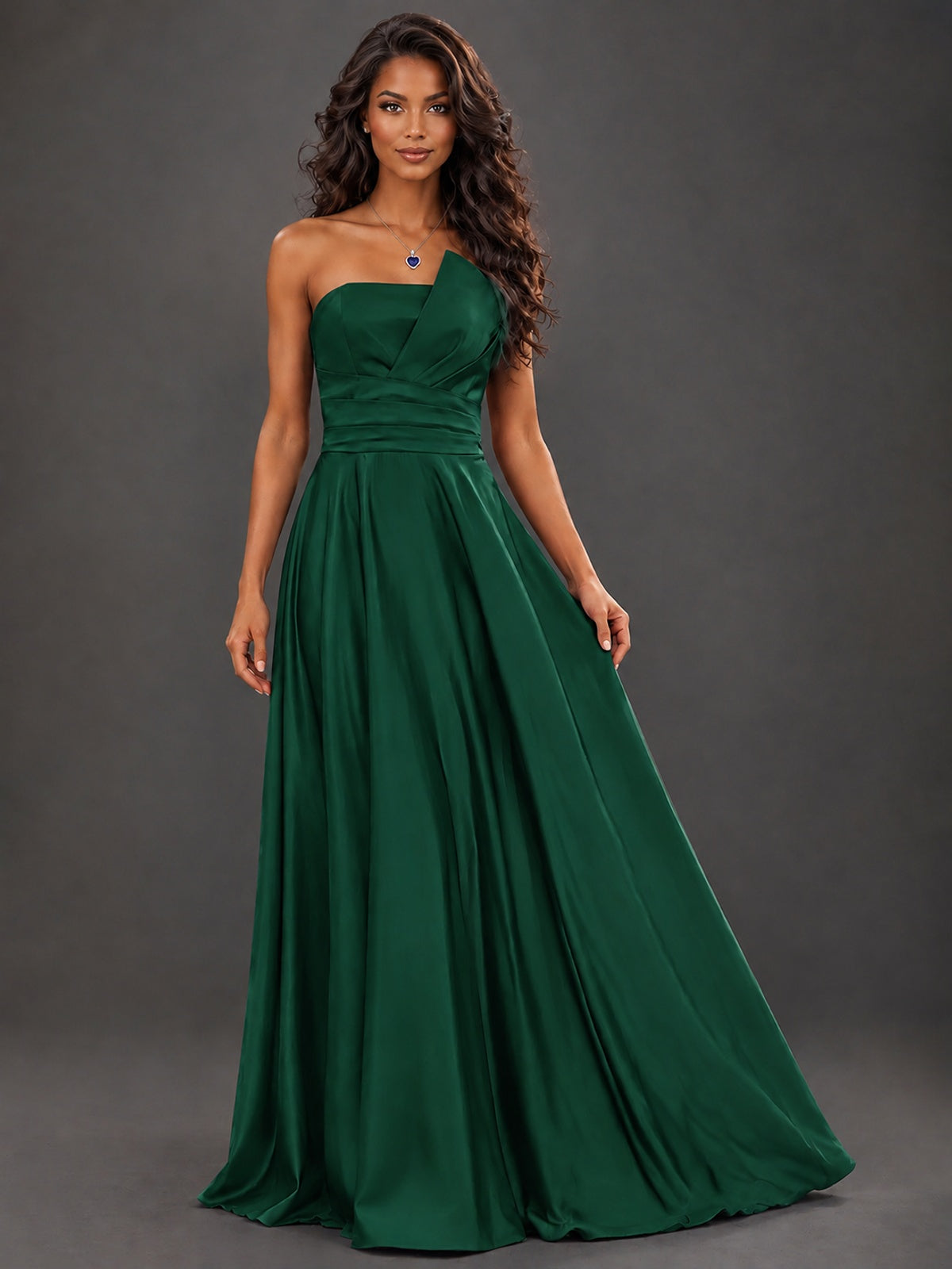 Draped Satin Prom Dress Strapless A-line Formal Dress Floor Length
