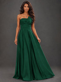Draped Satin Prom Dress Strapless A-line Formal Dress Floor Length