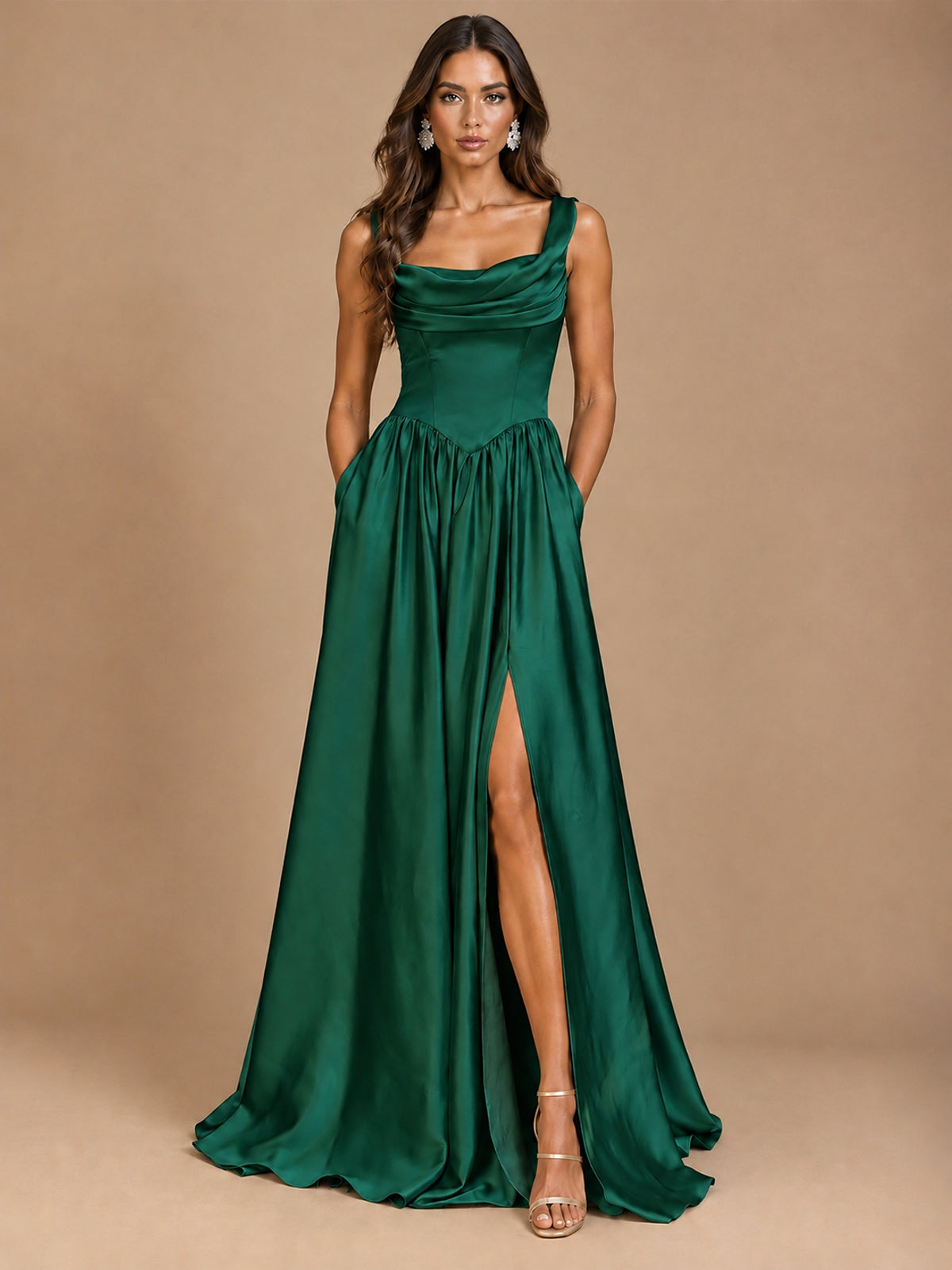 Cowl Neck Pleated Satin Prom Dress with Pockets & Slit Maxi Formal Gowns