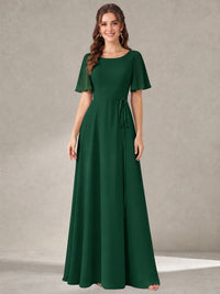 Emerald Green Scoop Neck A-line Chiffon Bridesmaid Dress with Belt Flutter Sleeve Formal Wedding Guest Dress Evening Gown