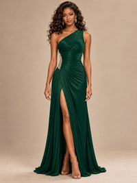 Burgundy One Shoulder Ruched Prom Dress with High Slit & Beaded Waist