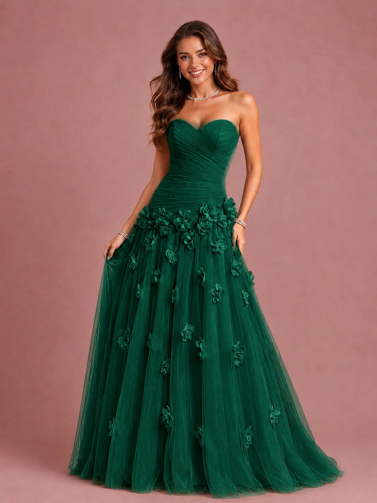 Blush Pink Strapless Sweetheart 3D Floral Tulle Ball Gown Prom Dres