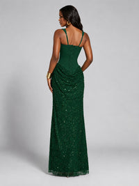 Sequin Corset Mermaid Prom Dress with Square Neck Wide Strap High Slit