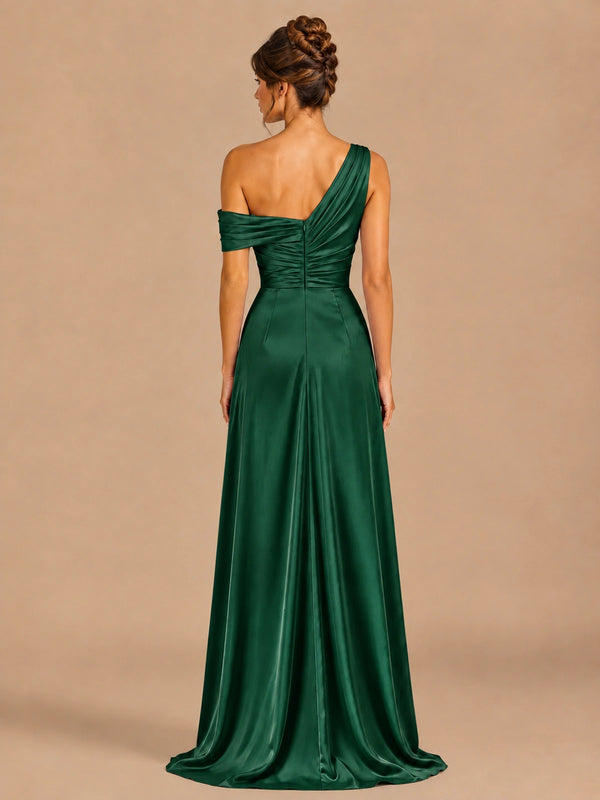 Satin One Shoulder Prom Dress Ruched Long Formal Evening Gown