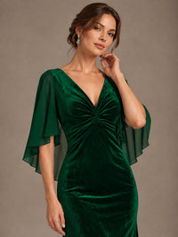 Navy Blue Velvet V Neck Mermaid Formal Dress with Flutter Cape Sleeves