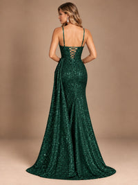 Burgundy Sequin Corset Prom Dress with High Slit