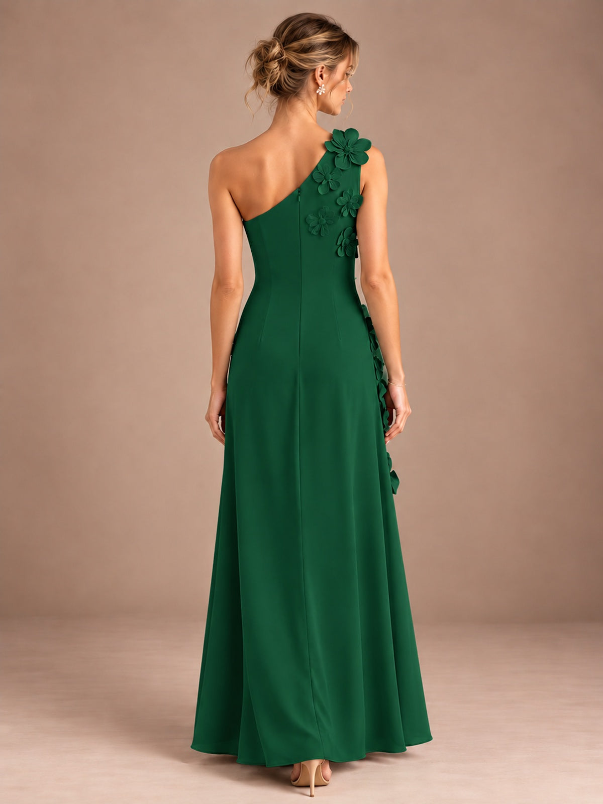 Sage Green One Shoulder Satin Formal Maxi Dress with 3D Floral