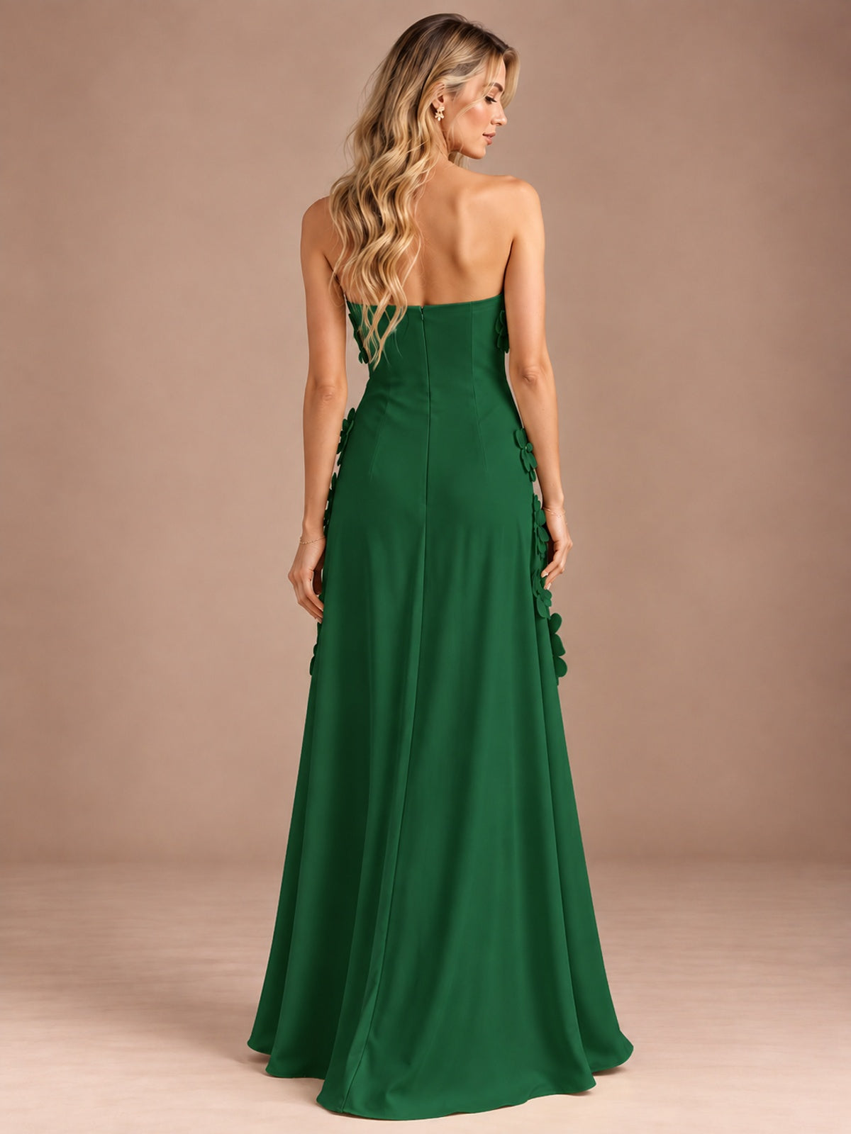 Yellow Strapless A-line Satin Maxi Dress with 3D Floral