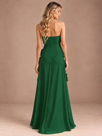 Yellow Strapless A-line Satin Maxi Dress with 3D Floral