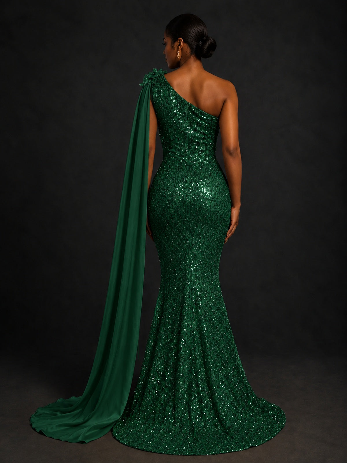 Gold Sequin One Shoulder Mermaid Prom Dress with Cape