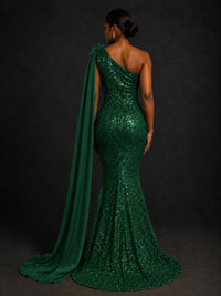 Gold Sequin One Shoulder Mermaid Prom Dress with Cape