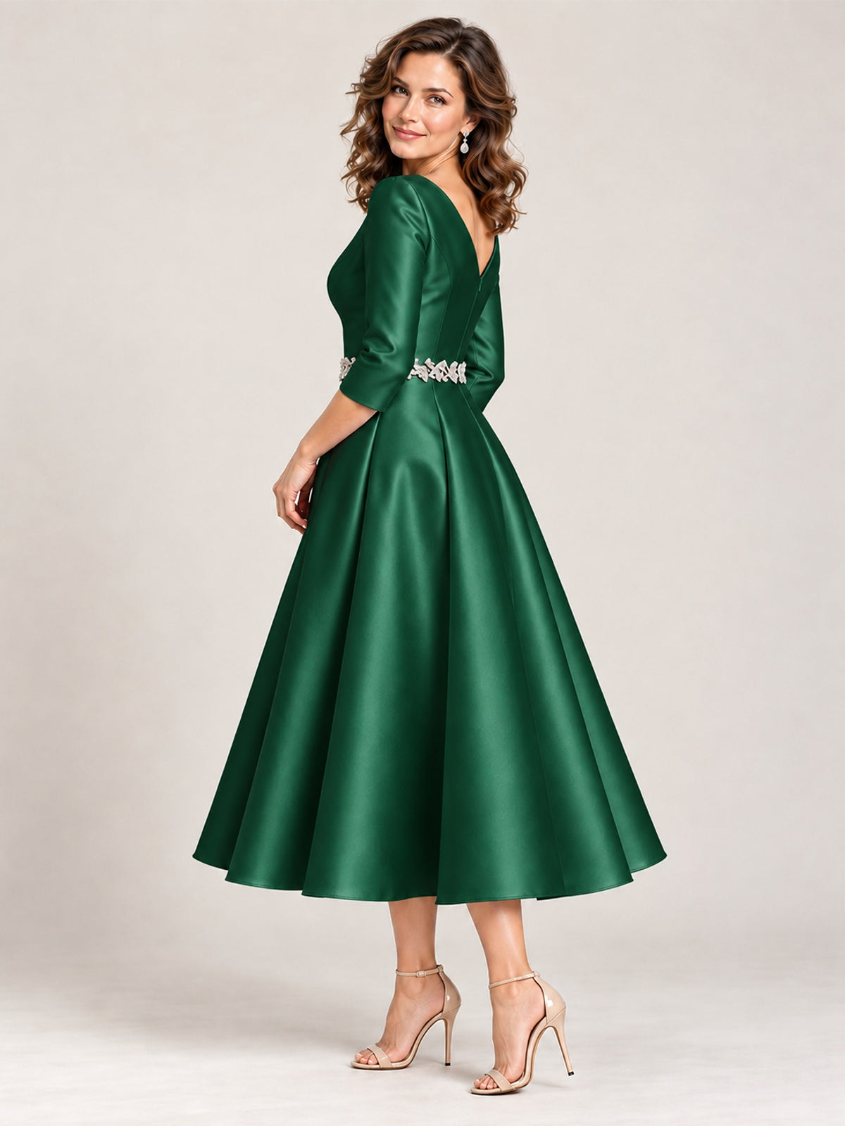 V-Neck Tea-Length Mother of the Bride Dress with Embellished Waist