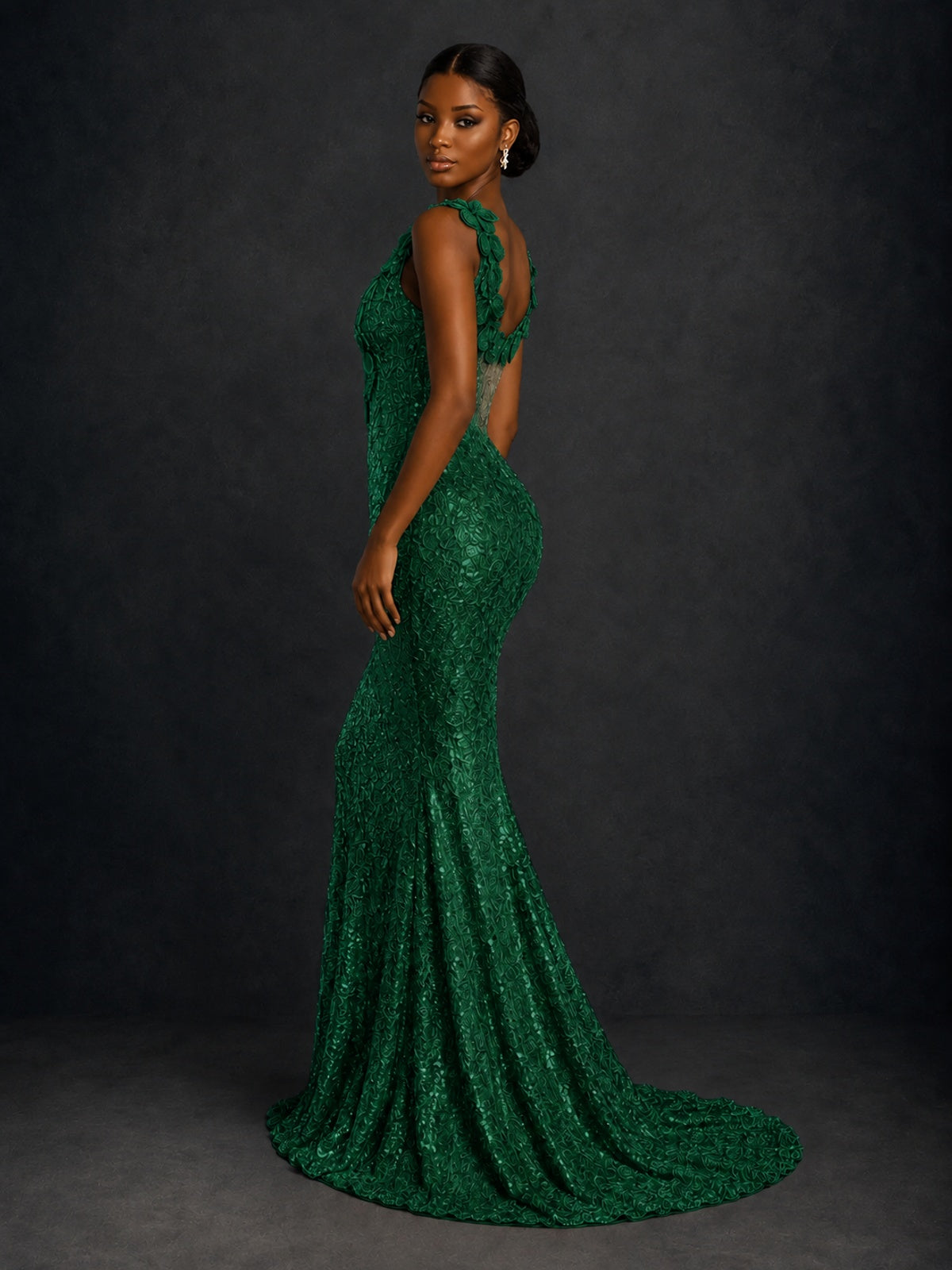 Gold Sequin Floral Applique Mermaid Prom Dress