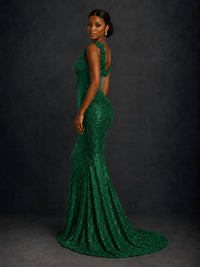 Gold Sequin Floral Applique Mermaid Prom Dress
