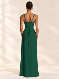 Square Neck Satin Sleeveless Ruched Prom Dress with High Slit