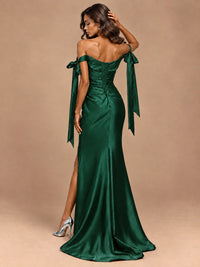 Off The Shuolder Satin Prom Dress Slit Mermaid Formal Gowns