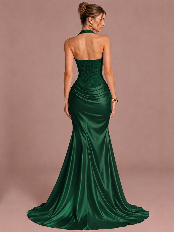 Sparkling Halter Corset Satin Mermaid Prom Dress