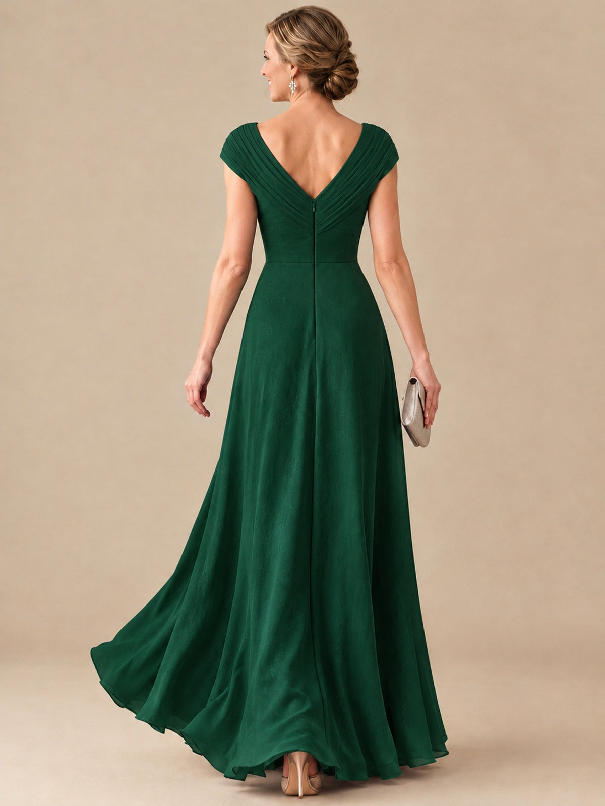 Pleated Chiffon Lace Mother of The Bride Dresses with Beading Cap Sleeves