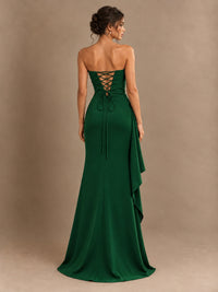 Black and White Strapless Ruched Prom Dress with High Slit & Side Drape