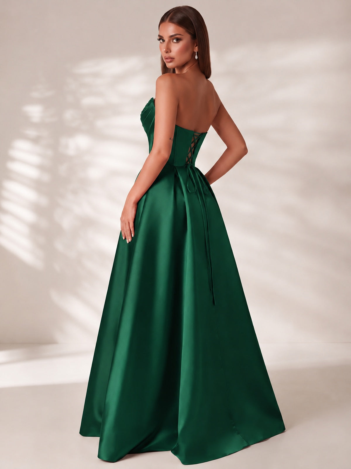 Strapless Corset Satin Prom Dress Long Evening Gown with High Slit