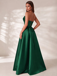 Strapless Corset Satin Prom Dress Long Evening Gown with High Slit