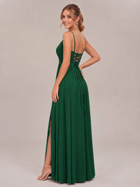 V-Neck Pleated Chiffon Long Bridesmaid Dress with Slit