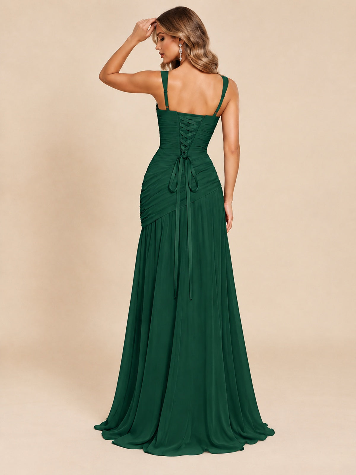 Wrap Pleated Prom Dress Scoop Neck with Slit Women Wedding Formal Dress