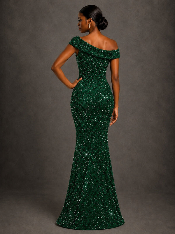 Emerald Green Sequin Off Shoulder Mermaid Prom Dress