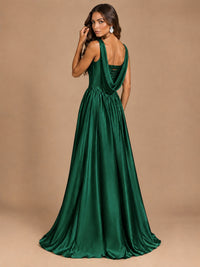 Cowl Neck Pleated Satin Prom Dress with Pockets & Slit Maxi Formal Gowns