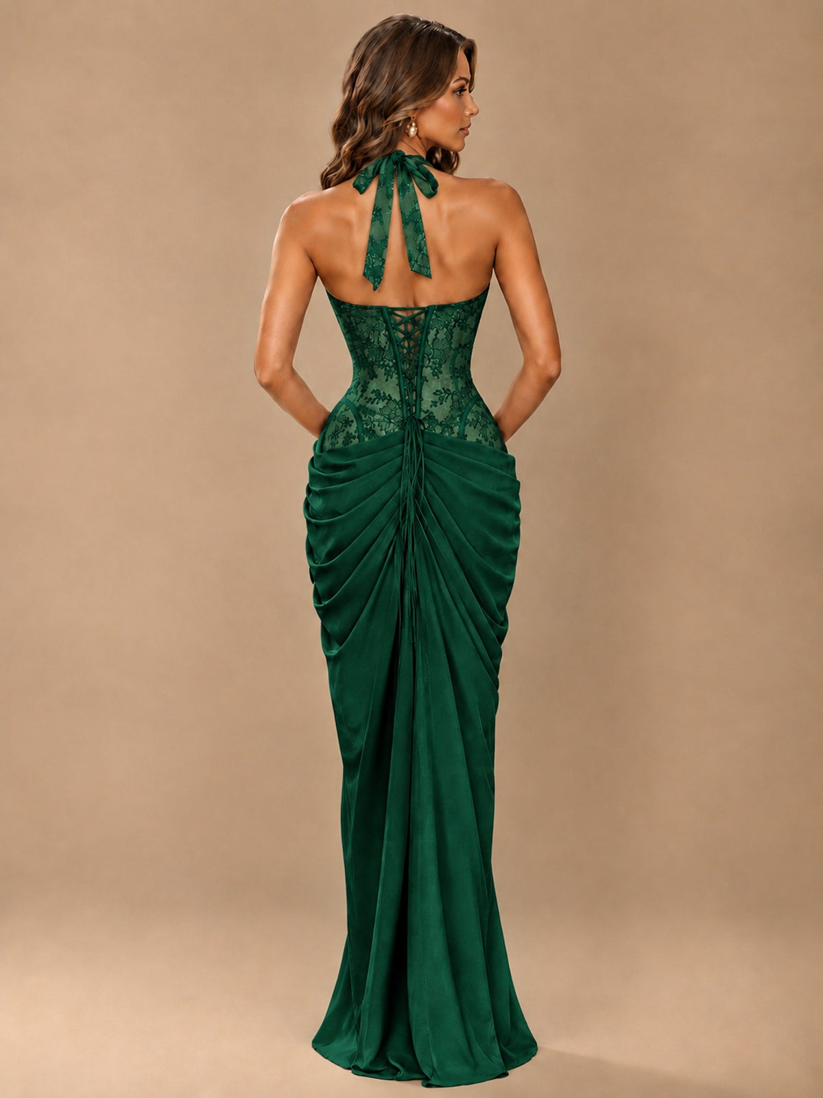 Sweetheart Halter Prom Dress Pleated Lace Floral Formal Dress with Slit