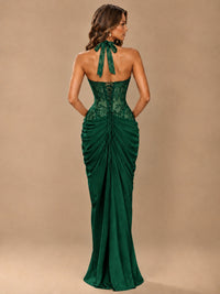 Sweetheart Halter Prom Dress Pleated Lace Floral Formal Dress with Slit