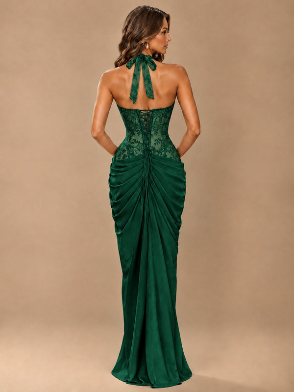 Sweetheart Halter Prom Dress Pleated Lace Floral Formal Dress with Slit