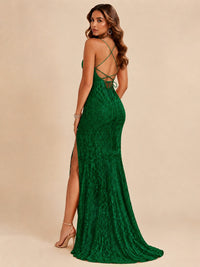 Sequin Lace Appliques Mermaid Prom Dress Spaghetti Strap Formal Gowns with Slit