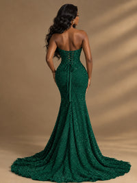 Beaded Sequin Prom Dress Strapless Formal Gowns with High Slit Train