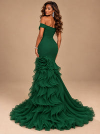 Dusty Blue Off-the-Shoulder Mermaid Prom Dress with 3D Rose & Ruffles