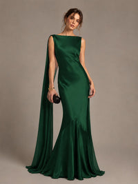 Burgundy Satin Mermaid Cape Maxi Dress