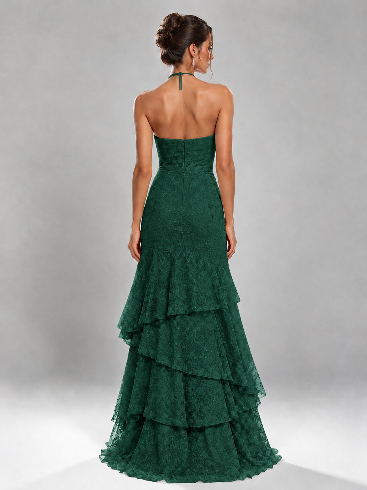 Halter Tiered Mermaid Prom Dress with Sparkly Lace