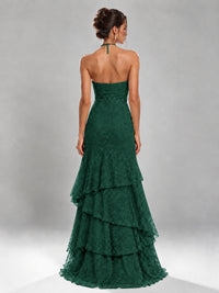 Halter Tiered Mermaid Prom Dress with Sparkly Lace