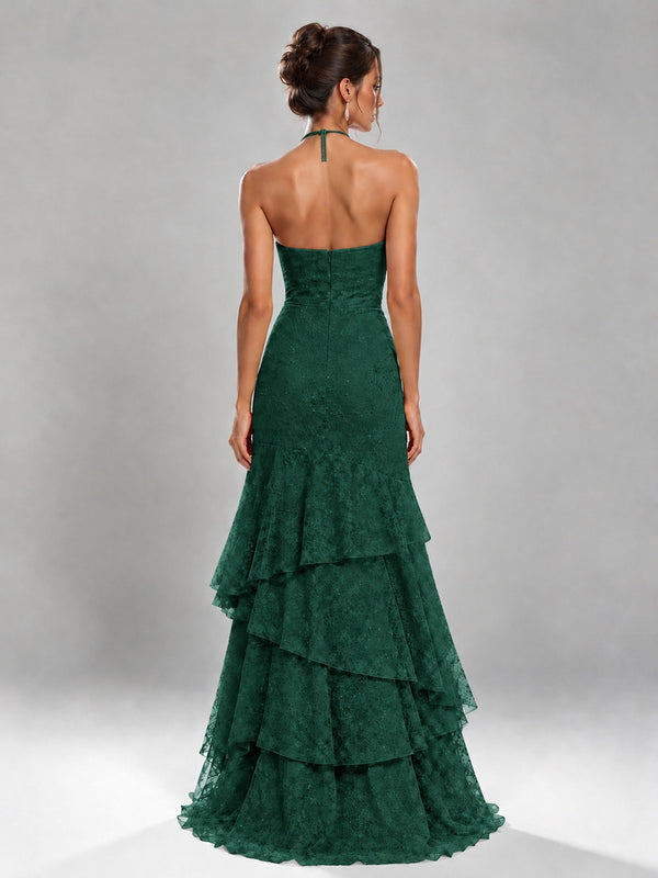 Halter Tiered Mermaid Prom Dress with Sparkly Lace
