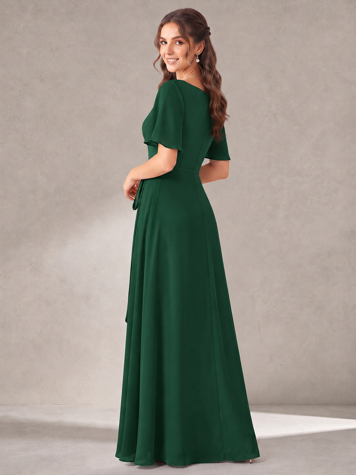 Scoop Neck A-line Chiffon Bridesmaid Dress with Flutter Sleeve & Belt