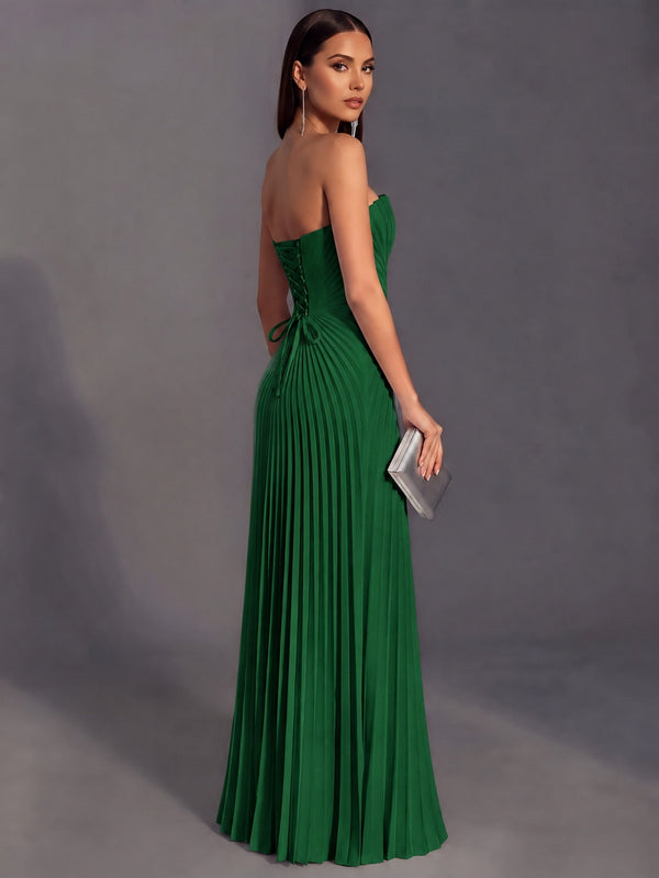Strapless A-line Long Pleated Satin Prom Dress