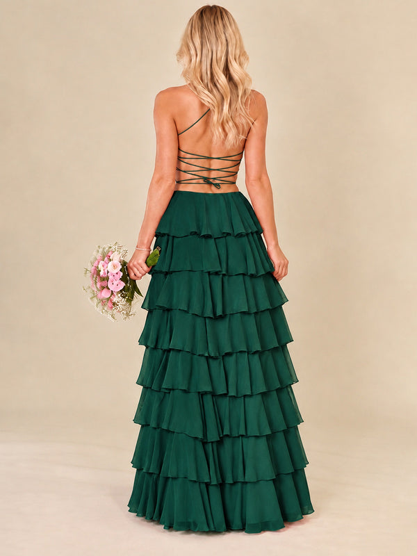 Ruffled Tiered Chiffon Prom Dress Spaghetti Straps Formal Maxi Dress with Slit